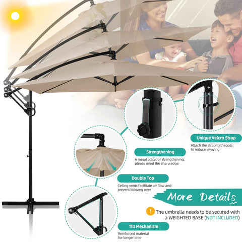 Offset Patio Umbrella With Easy Tilt Adjustment, Crank Handle And Cross Base, features and details displayed, khaki