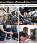 Four images showing uses of the 51 In 1 Bolt Size Finder And Thread Checker With 32 Metric And 32 SAE Gauges for bike, car, refrigerator, and electronics repair.