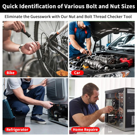 Four images showing uses of the 51 In 1 Bolt Size Finder And Thread Checker With 32 Metric And 32 SAE Gauges for bike, car, refrigerator, and electronics repair.