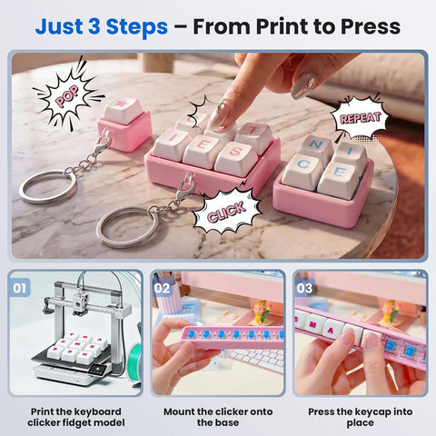 50 Piece Clicky 3 Pin Mechanical Switch Kit For 3D Printing Upgrades With Pre Lubed Switches And 10 Metal Keychains Delivering Crisp Clicks And Strong Tactile Bump For Keyboard Builds And DIY Fidget Toys. 3D-printed pink keychain clicker kit, step-by-step assembly