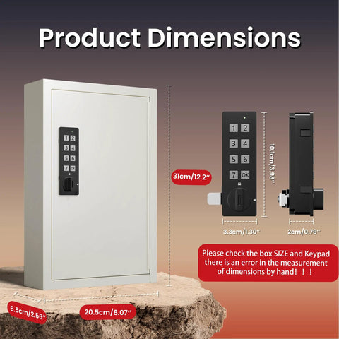 Secure Electronic Key Lock Box With 40 Solid Hooks Three Smart Access Modes dimensions diagram showing size and keypad layout in beige.
