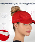 Woman wearing Womens High Ponytail Baseball Cap With Patented Open Back Design For Easy Ponytails And Curls Tangle Free Velcro