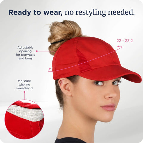 Woman wearing Womens High Ponytail Baseball Cap With Patented Open Back Design For Easy Ponytails And Curls Tangle Free Velcro