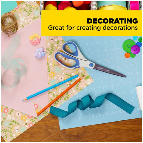 Crafting supplies with scissors, pencils, ribbon, buttons, and paper for DIY projects with Double Sided Craft Tape 1/2 Inch Wide By 300 Inch Long Permanent Adhesive For Scrapbooks, Cards, School Projects, And Paper Crafts, Strong Hold, Easy Dispenser, Ideal For DIY Projects.