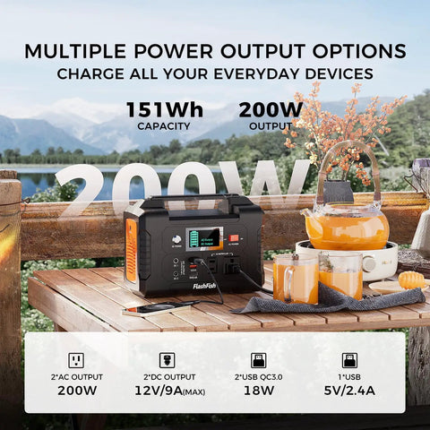 Grab And Go Solar Generator Bundle With Portable Power Station showcasing 200W output and 151Wh capacity on a table.