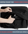 Waterproof MO201 Pizza Oven Cover with open cord storage pocket showing power cord and Velcro closures