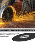 Two Inch Cut Off Wheel Kit With One Quarter Inch Stem Mandrel For Die Grinder showcasing sparks during metal cutting