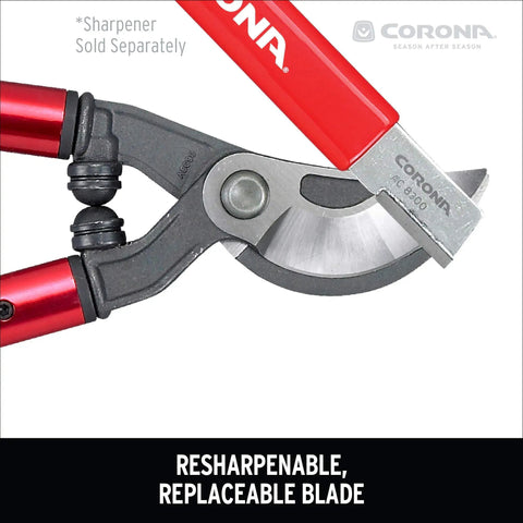 Close-up of 32 Inch Beefy MAXFORGED Steel Branch Cutter blade with red handles, showing ergonomic non-slip design for pruning.