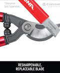 36 Inch Branch Cutter Loppers With Aluminum Handles And Dual Arc Bypass Blade showing red handles and steel blade