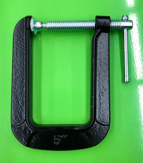 5 Inch Deep Throat U Clamp With About Two To Three Quarter Inch Jaw Opening And Five And A Half Inch Throat Depth, Malleable Steel Construction, Powder Coat Finish For Rust Resistance, Sliding T Handle For A Tight Grip, Lightweight 1.6 Lb. 5-inch U-clamp on green background, front view