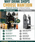 Image comparing Pro Level Automatic Cup Sealer Machine For Boba And Cafe Shops with manual machine side-by-side.
