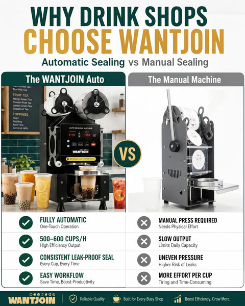 Image comparing Pro Level Automatic Cup Sealer Machine For Boba And Cafe Shops with manual machine side-by-side.