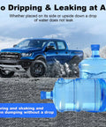 Leak Free Water Jug Cap 6 Pack For 3 And 5 Gallon Jugs, blue reusable silicone caps on water bottles with blue pickup truck in background