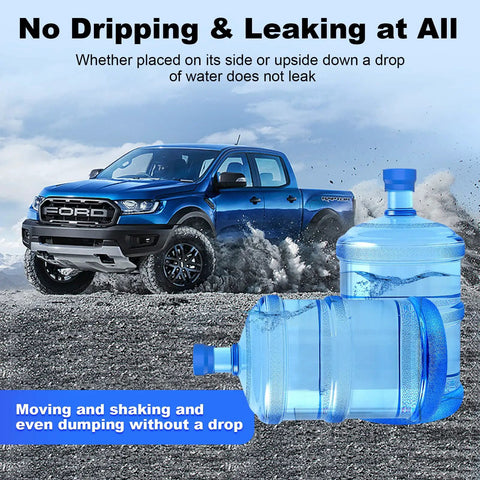 Leak Free Water Jug Cap 6 Pack For 3 And 5 Gallon Jugs, blue reusable silicone caps on water bottles with blue pickup truck in background