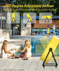 30 Inch High Velocity Industrial Drum Fan by a pool, demonstrating 360-degree adjustable airflow, yellow color.