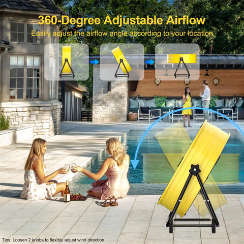 30 Inch High Velocity Industrial Drum Fan by a pool, demonstrating 360-degree adjustable airflow, yellow color.