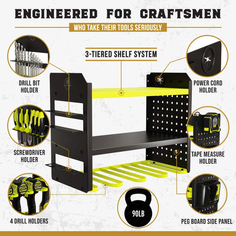Heavy Duty Power Tool Organizer Wall Mount Rack Three Tier Steel Rock Solid Storage With Four Drill Slots Pegboard And Utility Side 100 Pound Capacity for tools