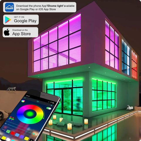 Modern house illuminated with RGB colors, showcasing 82Ft LED Strip Lights With Dope Music Sync RGB Color Changing Built In Mic Bluetooth App Control And Remote Sound Reactive Mood Lighting For Living Room And Kitchen, controlled via smartphone app.