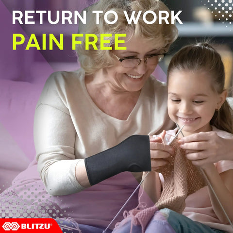 Woman knitting with Carpal Tunnel Wrist Brace Night Support With Splint Stabilizer And Palm Cushion, enjoying pain relief.