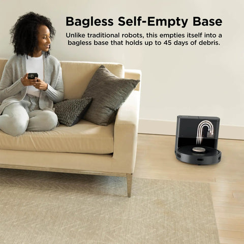AI Robot Vacuum With XL Self Empty Base Mega Suction For Pet Hair Lidar Navigation Bagless 60 Day Capacity Alexa And WiFi Connected Cleans Carpet And Hard Floors Black near sofa