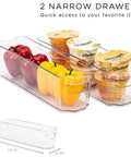Ultimate Six Piece Fridge Organizer And Pantry Storage Bin Set Featuring Wide Narrow Containers Clear Can Caddy For Twelve Drinks Plus Egg Holder To Straight Up Declutter Your Space, showing two narrow containers with bell peppers and yogurt.