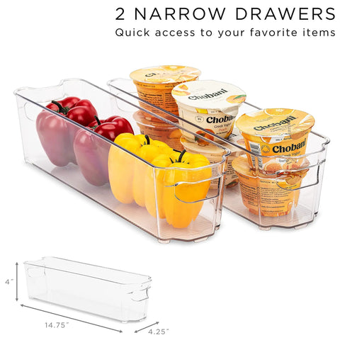 Ultimate Six Piece Fridge Organizer And Pantry Storage Bin Set Featuring Wide Narrow Containers Clear Can Caddy For Twelve Drinks Plus Egg Holder To Straight Up Declutter Your Space, showing two narrow containers with bell peppers and yogurt.