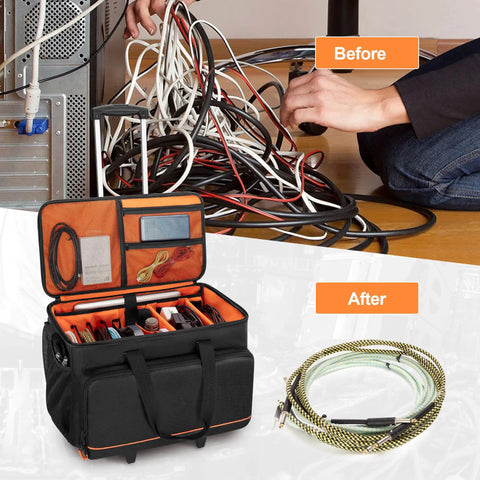 Rolling DJ Cable Bag With Hard Padded Bottom Detachable Dividers And Dolly Travel Gig Case showing organized cables and gear