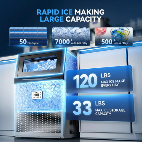 Keep Your Drinks Frosty All Night Long With This Hella Fast Heavy Duty Commercial Ice Maker, 120 lbs daily, sleek design.