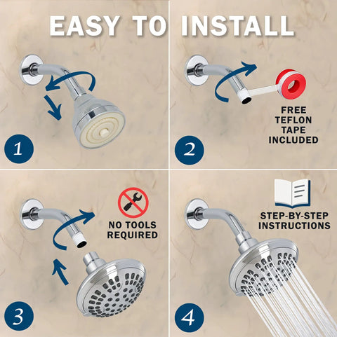Installation steps for Six Function Luxury Shower Head With High Pressure Boost Anti Clog Nozzles on wall mount.