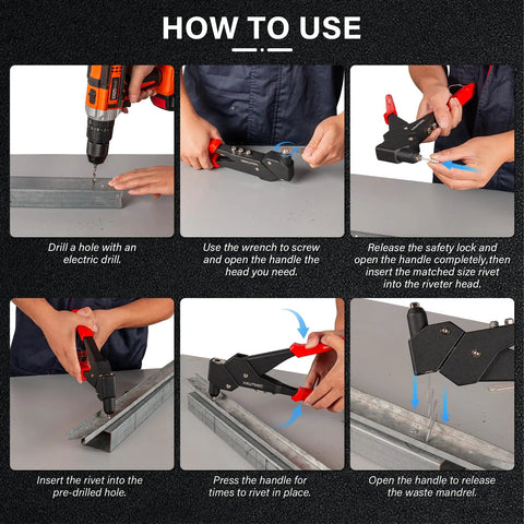Usage steps of All In One 360 Degree Swivel Head Pop Rivet Gun Kit With 120 Blind Rivets Heavy Duty Hand Rivet Tool in action.