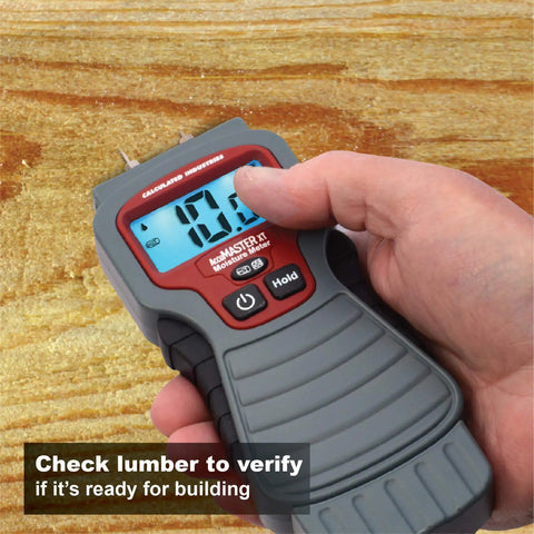 Person using 7440 AccuMASTER XT Digital Moisture Meter Handheld Pin Type With Backlit LCD Display on wood surface