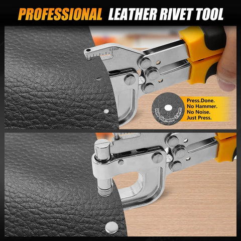 Leather Rivets Press Tool Kit With 160 Rivets And Installation Pliers, leverage design showing pliers pressing leather