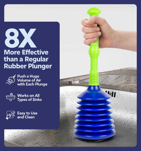 Powerful Pro Grade Kitchen and Bathroom Sink Plunger for Fast Clog Removal being used in a stainless steel sink, large bellows visible