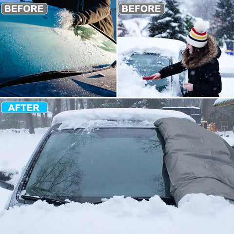 Before and after shots highlighting Heavy Duty Windshield Cover For Ice And Snow, Waterproof 600D Oxford Fabric for cars.
