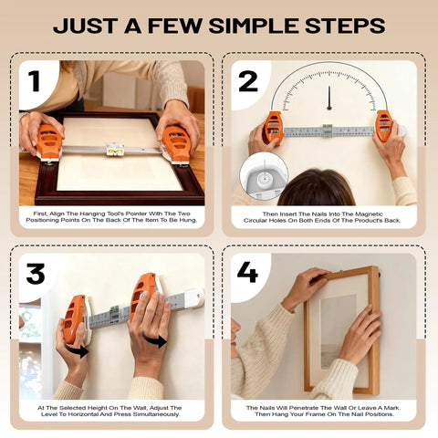 Image showing steps to use All In One Picture Hanging Tool That Levels Dead Straight No Sweat to hang frames accurately.