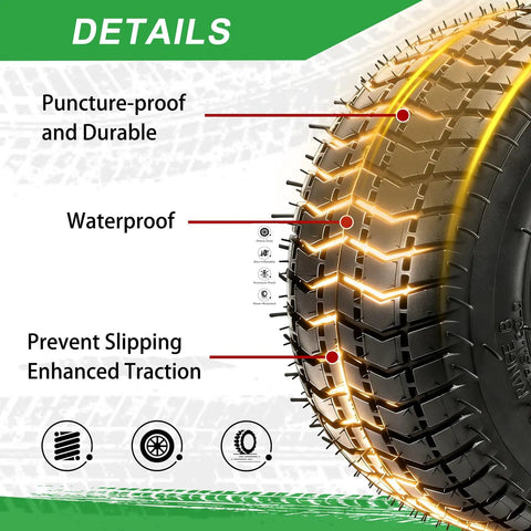 Close-up of Heavy Duty 9x3.50-4 Tire And Inner Tube Set With Bent Valve Stem showing puncture resistance and traction features.