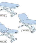 Three configurations of EarthLite Ellora Electric Lift Massage Table With Flat Top And Black Finish, including flat, tilt, and salon top.