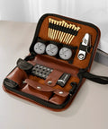 Custom Name Monogram PU Leather Golf Organizer Pouch With Engraving open displaying tees, balls, tools in brown leather