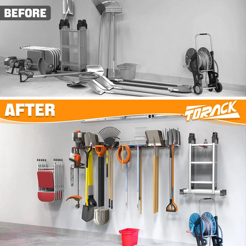 Before and after of Wall Mount Garden Tool Organizer And Garage Space Saver Storage Rack For Shovels Rakes Brooms Ladders And Folding Chairs with keyhole shelving.