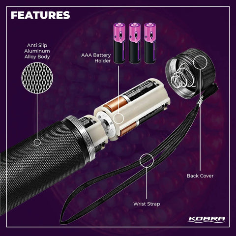 UV Black Light Flashlight 395nm With 100 LEDs 18W Portable UV Inspection Tool showing battery and wrist strap features