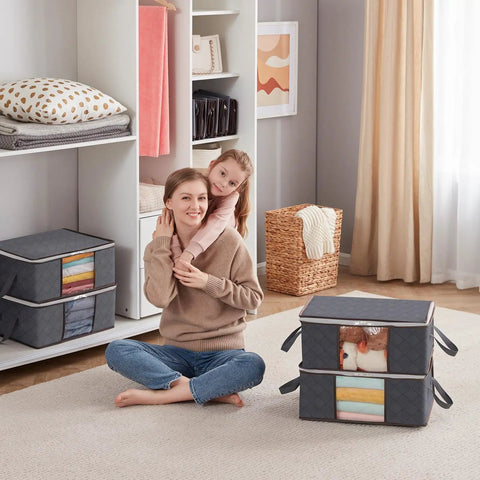 Woman and child with three pack 35L foldable storage bins with lids and zippers, clear window showing folded clothes in gray.