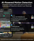 AI-Powered Motion Detection feature on Wyze app shows alerts for person with wheelbarrow and vehicle arrival notifications.