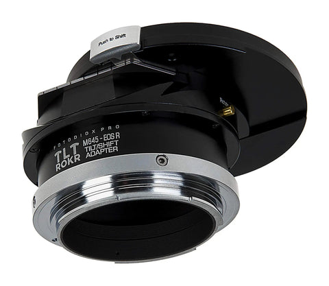 TLT RokR Tilt Shift Lens Mount Adapter For Mamiya 645 MF Lenses To Canon EOS RF Mount Mirrorless Cameras With Infinity Focus 20mm Shift 10 Degree Tilt 360 Degree Rotation Pro Grade Build, black metal adapter shown