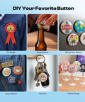 DIY pin badges, keychains, and fridge magnets from the 3 In 1 Button Maker Kit with 1 in, 1.25 in, and 2.25 in molds displayed