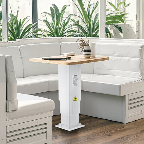 VEVOR Electric Lifting Column System, 176 Lbs Lift Table with telescopic desk legs in a modern setting next to white seating.