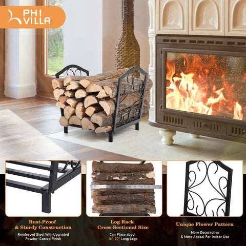 Compact 17 Inch Firewood Rack For Indoor And Outdoor Use Built To Last Wrought Iron Frame next to a lit fireplace