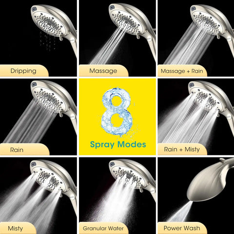 Different spray modes of Eight Mode Handheld Shower Head With Built-In Filter For Hard Water, Removes Chlorine And Heavy Metals.
