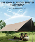 Beefy Heavy Duty Camping Tarp Canopy With Poles, Waterproof 18000mm Rain Shelter, UV Blocking UPF2000+ in use at campsite