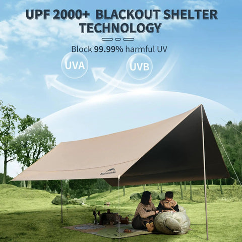 Beefy Heavy Duty Camping Tarp Canopy With Poles, Waterproof 18000mm Rain Shelter, UV Blocking UPF2000+ in use at campsite