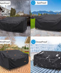 Heavy Duty Waterproof Patio Sofa Cover For 2-Seater Loveseat, Outdoor Furniture Cover With Air Vents And Handles, 60W X 34D X 30H, Black, UV Protection, Fits Most Standard Outdoor Sofas, illustrating rain, sun, wind, and snow resistance features.